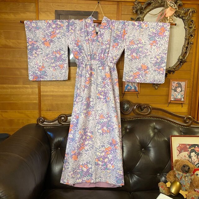 着物リメイク ロングワンピース｜洗える化繊素材＆帯サッシュベルト