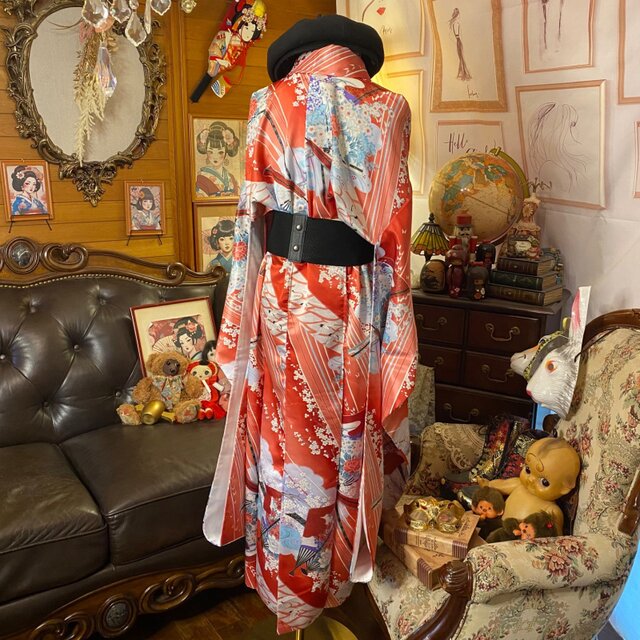 振袖 着物 ロングワンピース ドレス リメイク 洗える 化繊 パールつけ