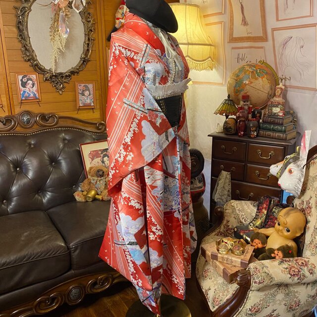 振袖 着物 ロングワンピース ドレス リメイク 洗える 化繊 パールつけ