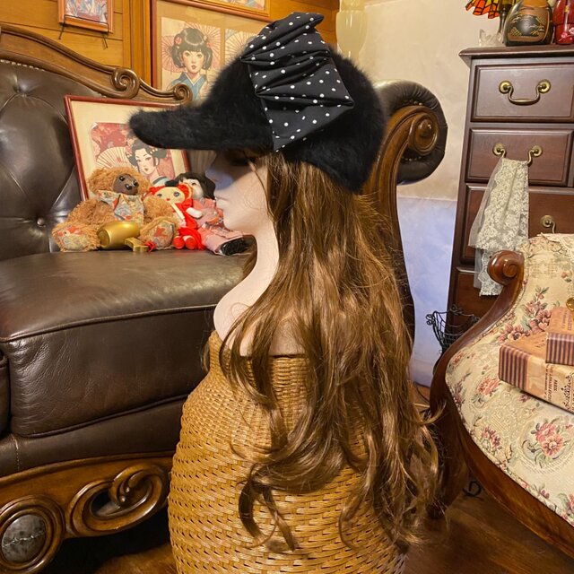 着物リメイク ファーキャップ 帽子 ハンドメイド おりぼん ティアラ 