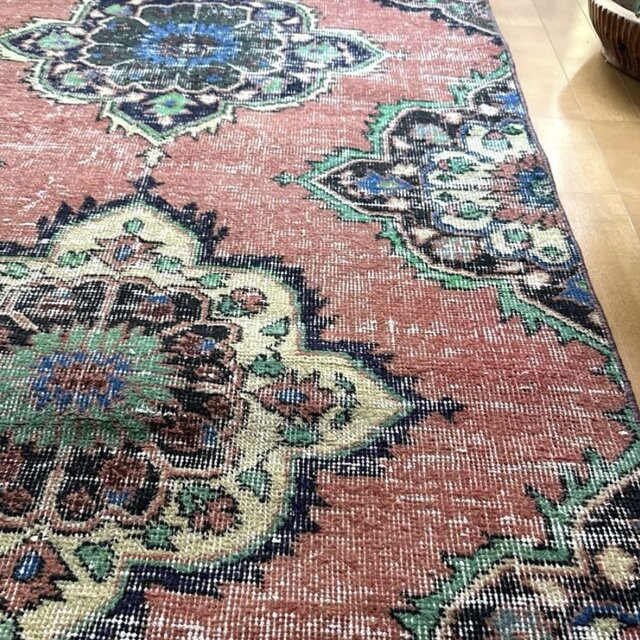 95×205 コーラルピンク オリエンタル柄 トルコヴィンテージラグ