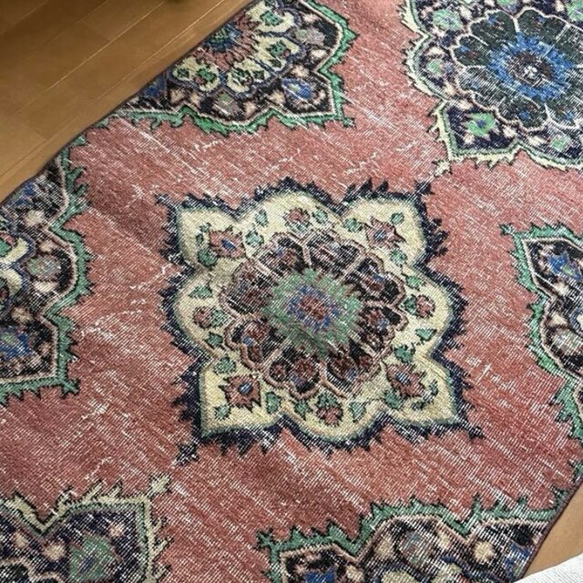 95×205 コーラルピンク オリエンタル柄 トルコヴィンテージラグ