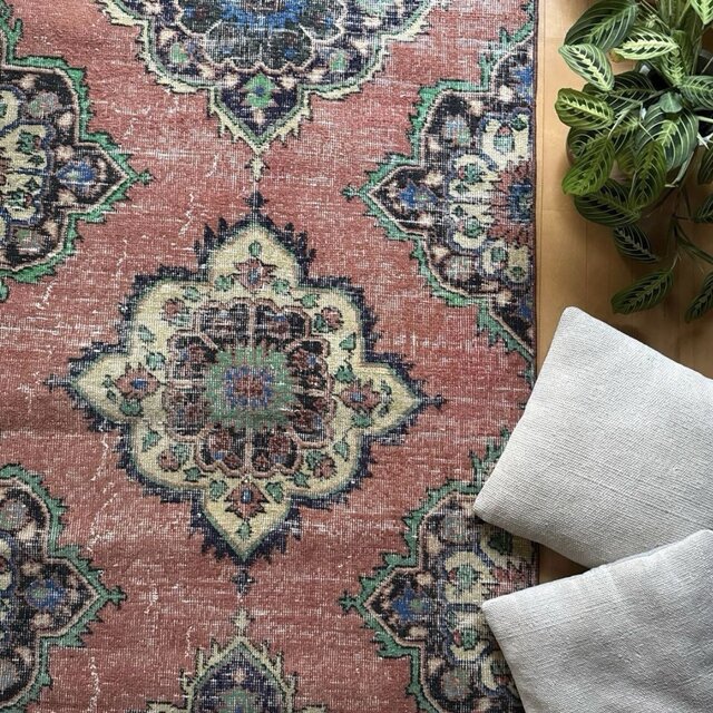 95×205 コーラルピンク オリエンタル柄 トルコヴィンテージラグ