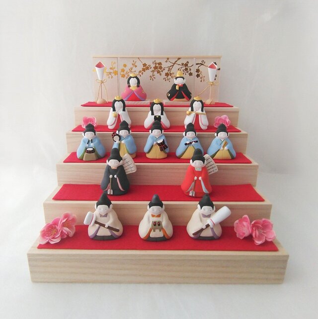 『受注制作』【お雛様】 おひなさま　百花　十五人飾り　「桃の花　屏風」