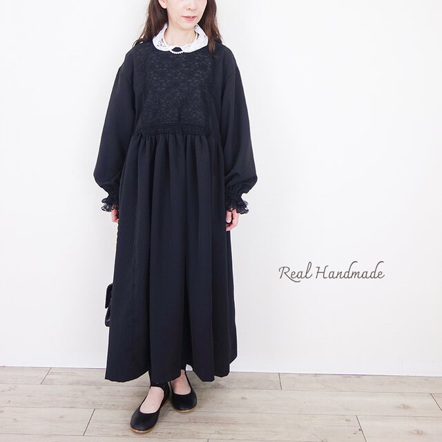 予約販売] ブラックジョーゼット・レースシャーリングマキシワンピース 
