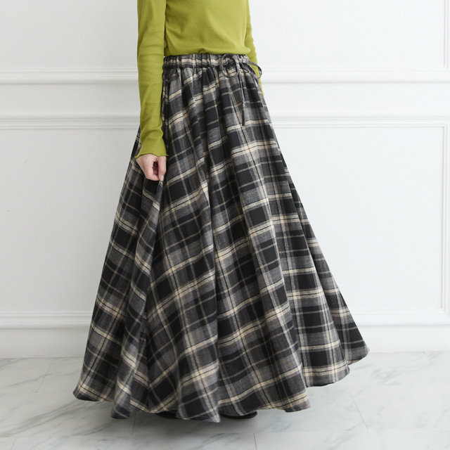 【丈調整できる✨】肌触りよく温かみあるチェック柄 ウエストゴム フレアスカート　グレー　0766Grey