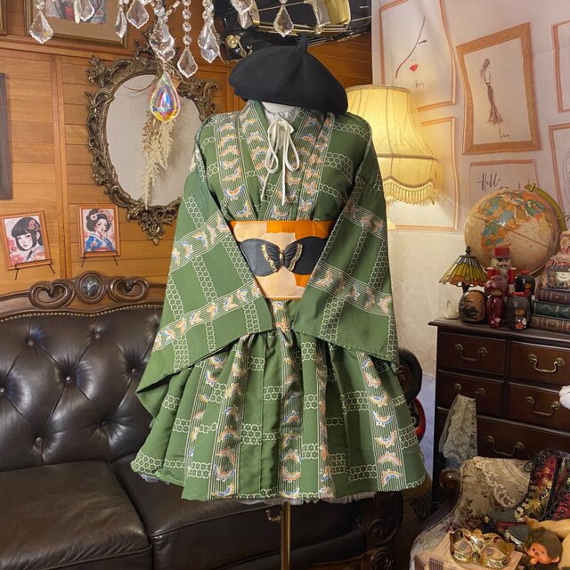 着物 ミニ丈 ワンピース ドレス 和ロリ 2部式作り帯 名古屋帯 お太鼓