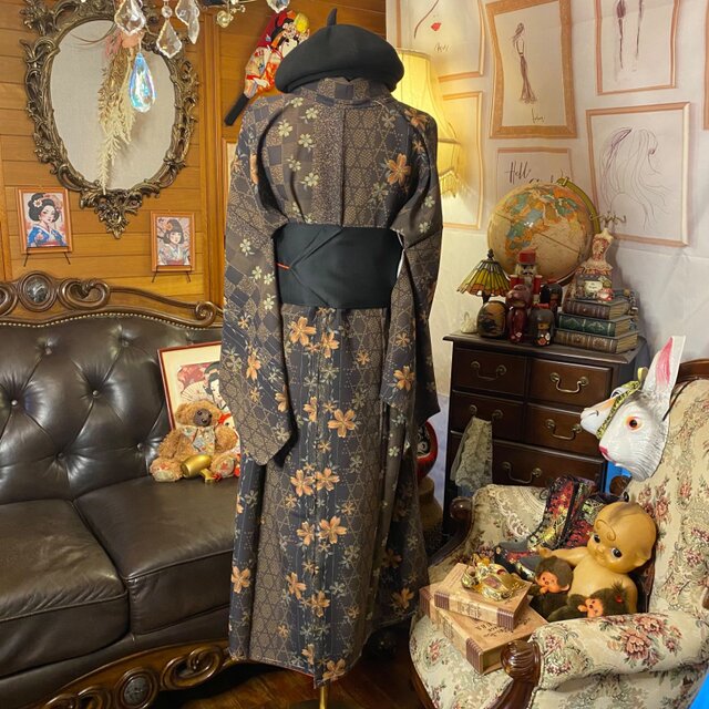 着物リメイク セミロングワンピース ドレス 洗える 化繊 名古屋帯