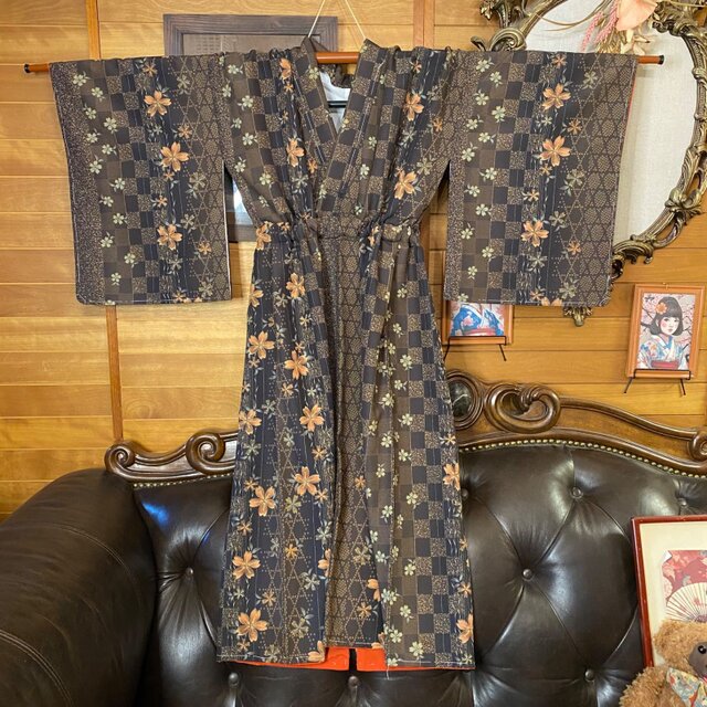 着物リメイク セミロングワンピース ドレス 洗える 化繊 名古屋帯