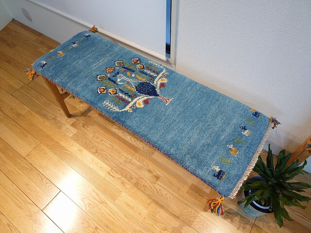 ペルシャ ギャッベ ミニランナー ラグ 115x40cm 青 孔雀 RJ15904G