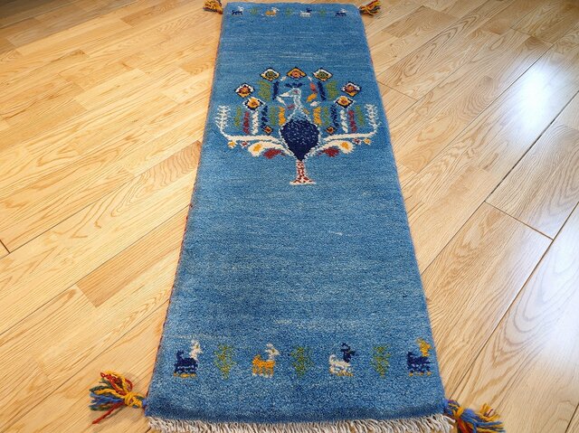 ペルシャ ギャッベ ミニランナー ラグ 115x40cm 青 孔雀 RJ15904G