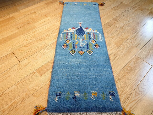 ペルシャ ギャッベ ミニランナー ラグ 115x40cm 青 孔雀 RJ15904G