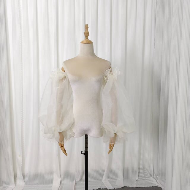 取り外し可能な付け袖 薄シャンパン色 上質オーガンジー パフスリーブ オーダーメイド ストレッチ 前撮り