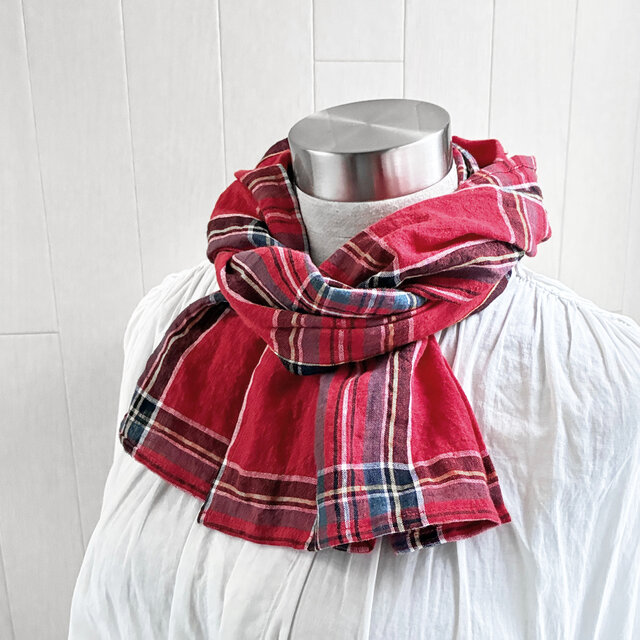 秋冬 東炊き リネンの手ぬぐい　タータンチェック　赤系　ミニストール