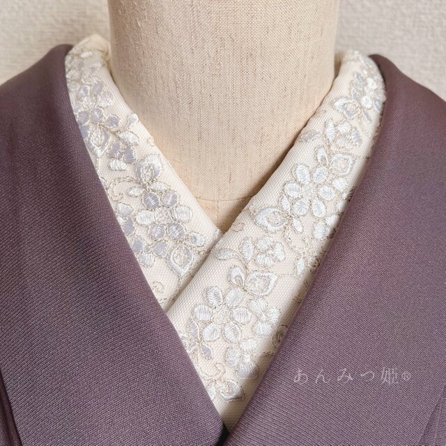 洗える刺繍半衿 白花ラメ