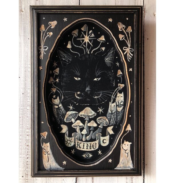 「王様」額付 アート作品 原画 徳島洋子作品 アクリル画 猫