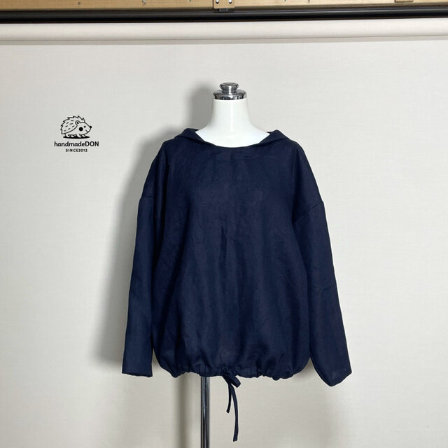 カラーリネン◆マリンシャツブラウス　長袖◆ネイビー◆M・L・LL（中厚、リネン100％）