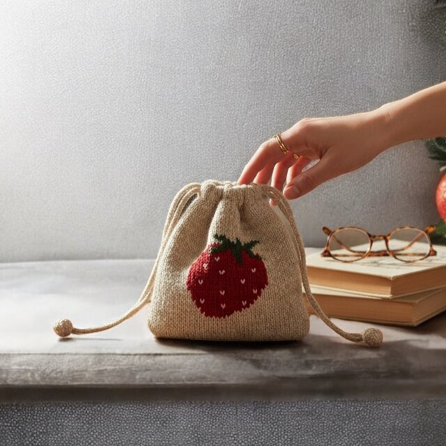 シェットランドウールで編んだいちごの巾着