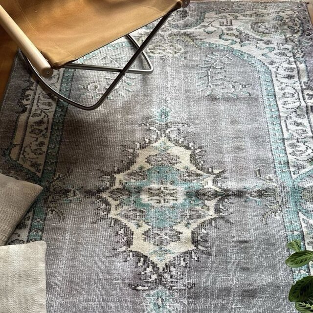 大判155×232レア柄 グレイ×エメラルドグリーン トルコヴィンテージラグ