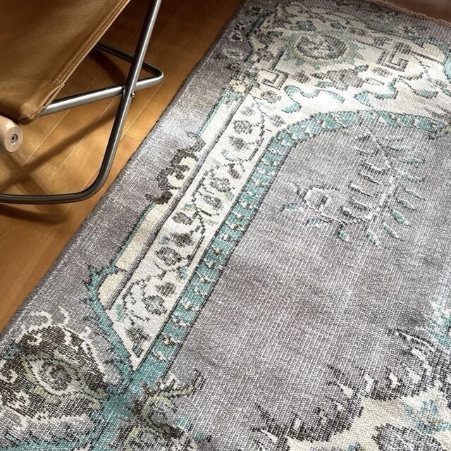 大判155×232レア柄 グレイ×エメラルドグリーン トルコヴィンテージラグ