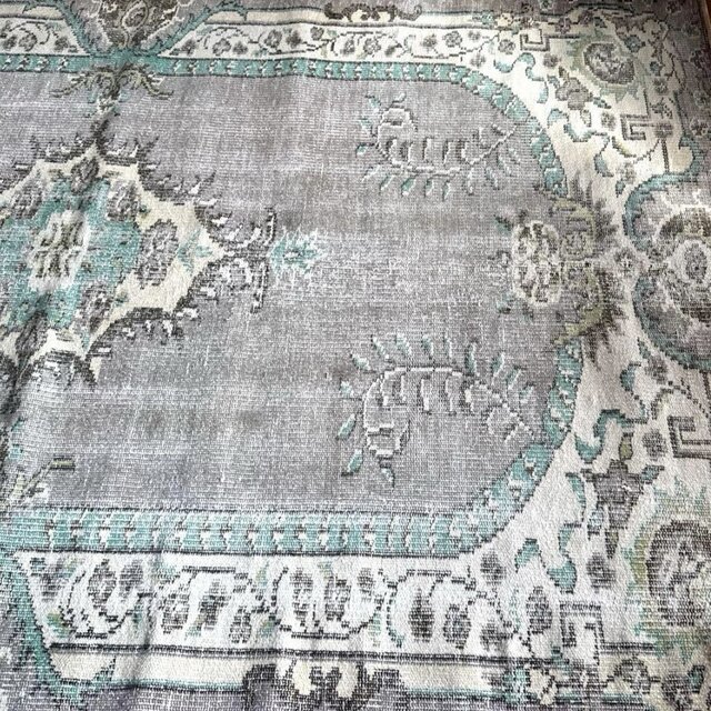 大判155×232レア柄 グレイ×エメラルドグリーン トルコヴィンテージラグ