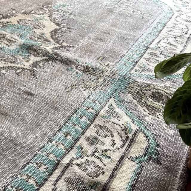 大判155×232レア柄 グレイ×エメラルドグリーン トルコヴィンテージラグ