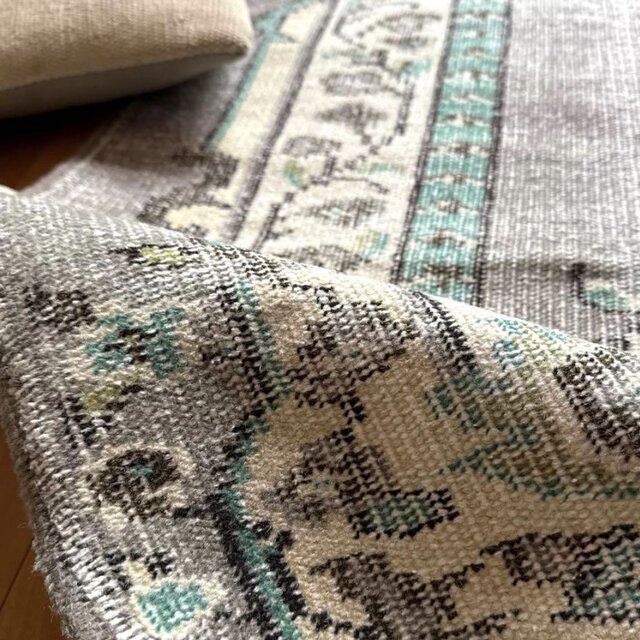 大判155×232レア柄 グレイ×エメラルドグリーン トルコヴィンテージラグ