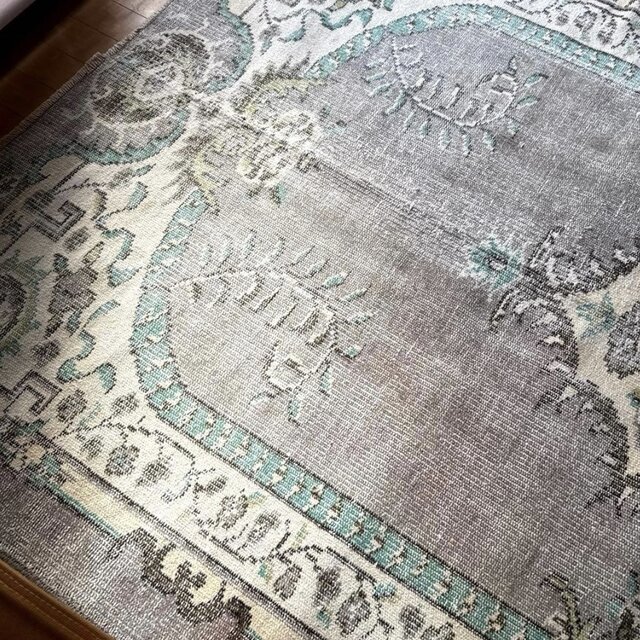大判155×232レア柄 グレイ×エメラルドグリーン トルコヴィンテージラグ