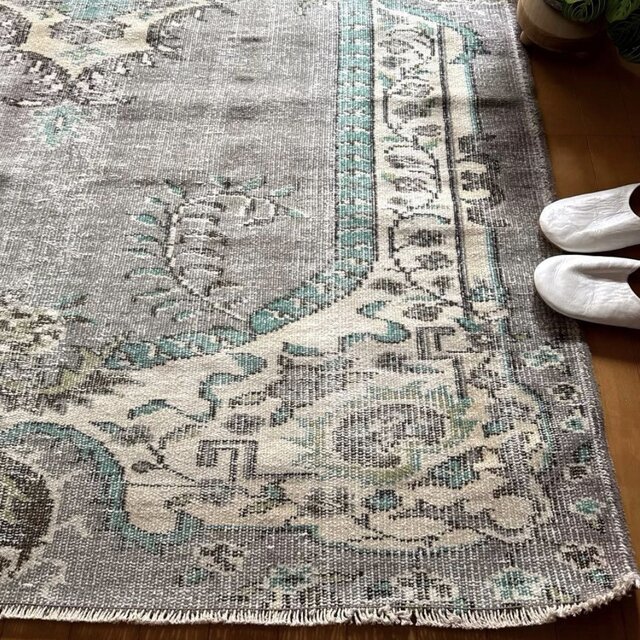 大判155×232レア柄 グレイ×エメラルドグリーン トルコヴィンテージラグ