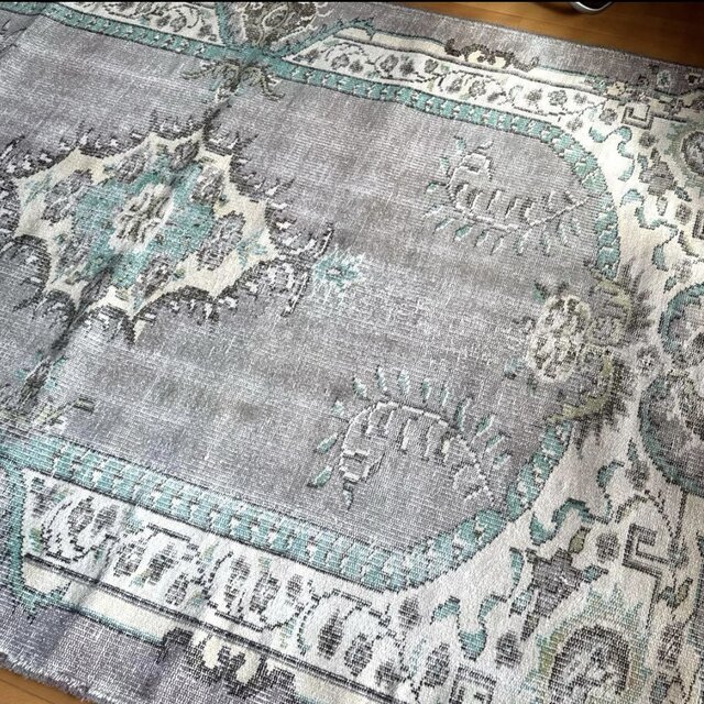 大判155×232レア柄 グレイ×エメラルドグリーン トルコヴィンテージラグ