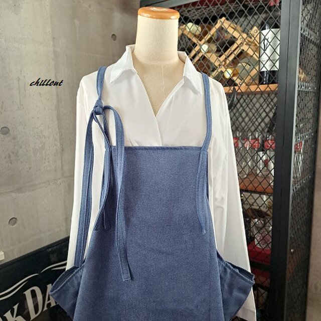 【背中がかわいい】エプロンドレス：デニム：ブルー【0982】