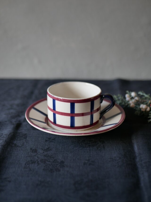 1 バスク柄 ティーカップ＆ソーサー フランスアンティーク ブロカント