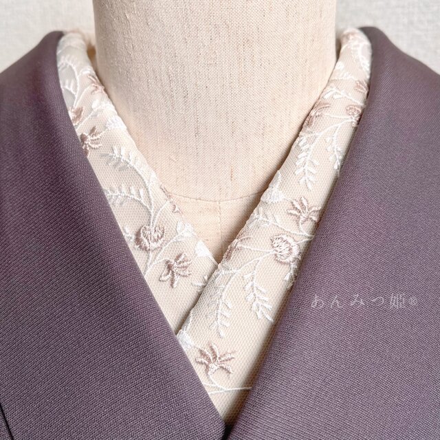 洗える刺繍半衿 ピンクシャンパンのお花