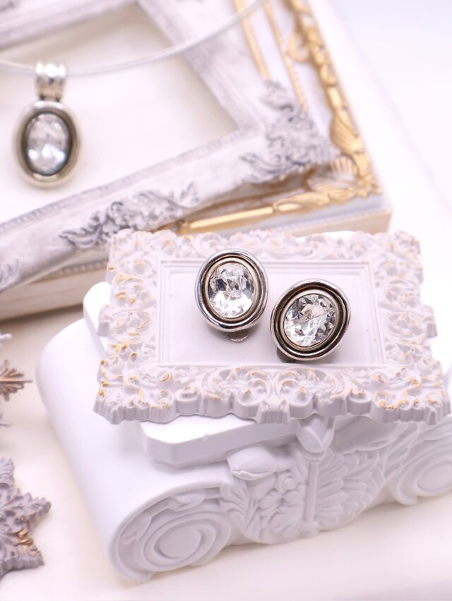 【アメリカ買付】クリアラインストーン×ミニマルラウンドイヤリング＊Timeless Classic　1990s-2000s