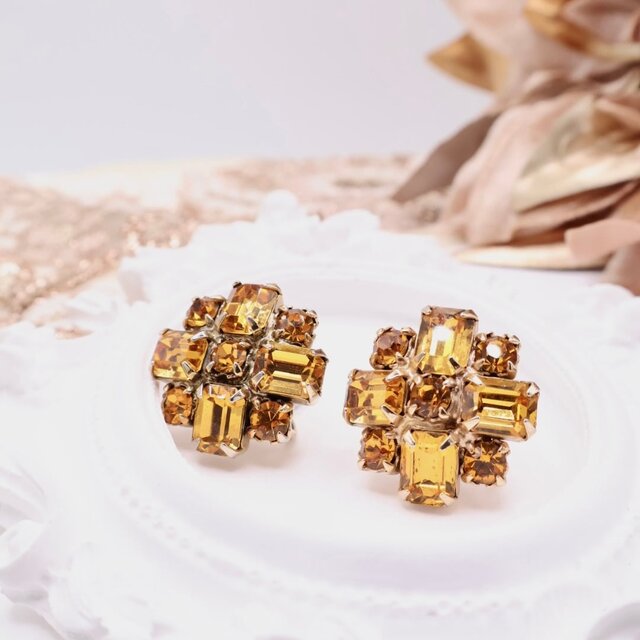 【アメリカ買付】 アンバークリスタル×クラスターイヤリング＊Citrine Honey Glow1950s-1950s