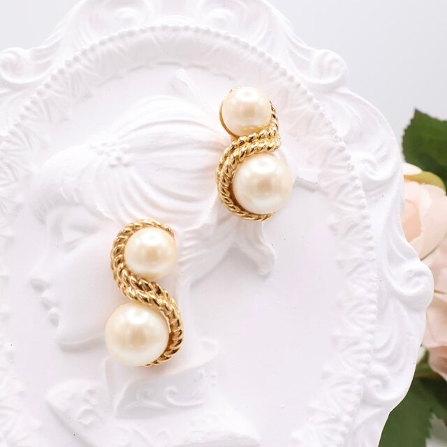 【アメリカ買付】ヴィンテージ ツイストゴールド×パールイヤリング＊Elegant American Classic1960s