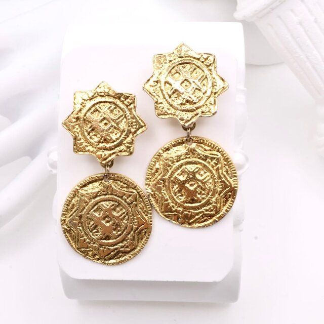 【フランス買付】ゴールド コイン＆メダリオンモチーフ イヤリング＊Statement Art Metal1970s-1980s