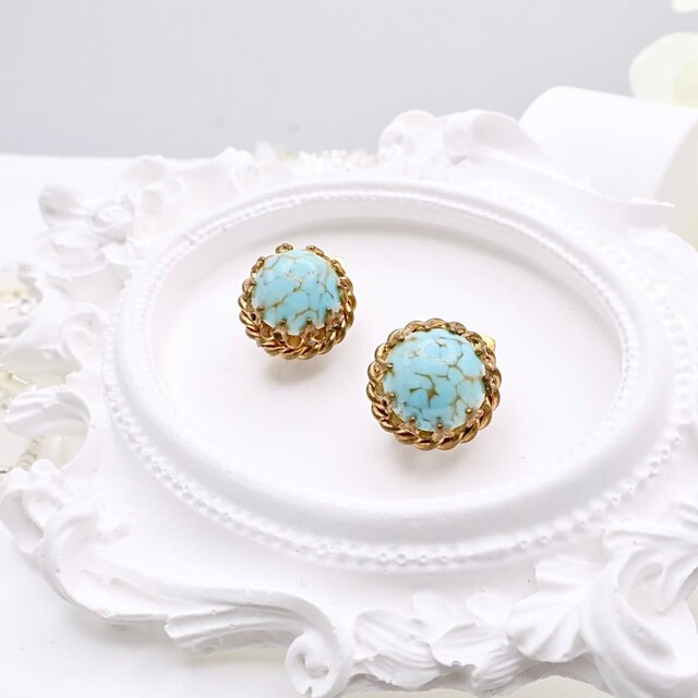 【フランス買付】ヴィンテージ ターコイズ風カボション×ゴールドロープイヤリング＊Classic Elegance1950s