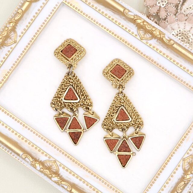 【フランス買付】ヴィンテージ 幾何学メタル×テクスチャードロップ イヤリング＊Geometric Design1970s