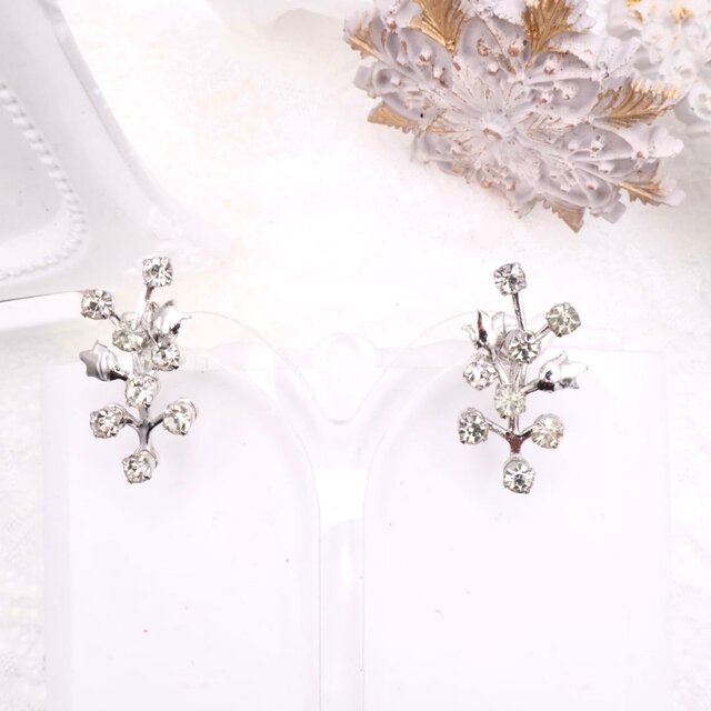 【アメリカ買付】フローラルブランチ×ラインストーン イヤリング＊ Elegant Style1960s-1970s