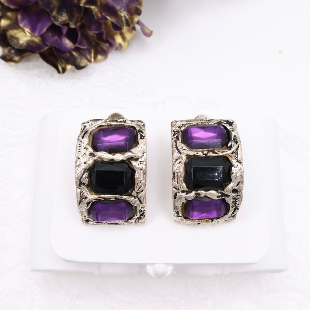 【フランス買付】アメジストカラー×ブラック ジオメトリックイヤリング＊Art Metal Design 1970s-1980s
