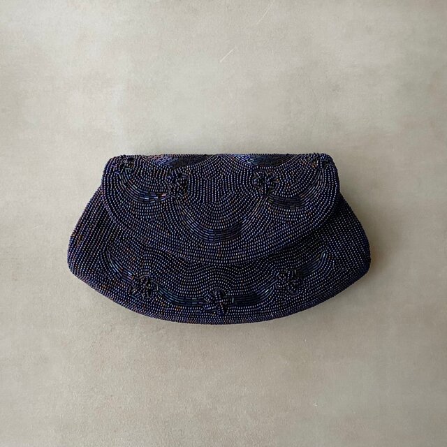 Vintage retro beads embroidery navy blue pouch