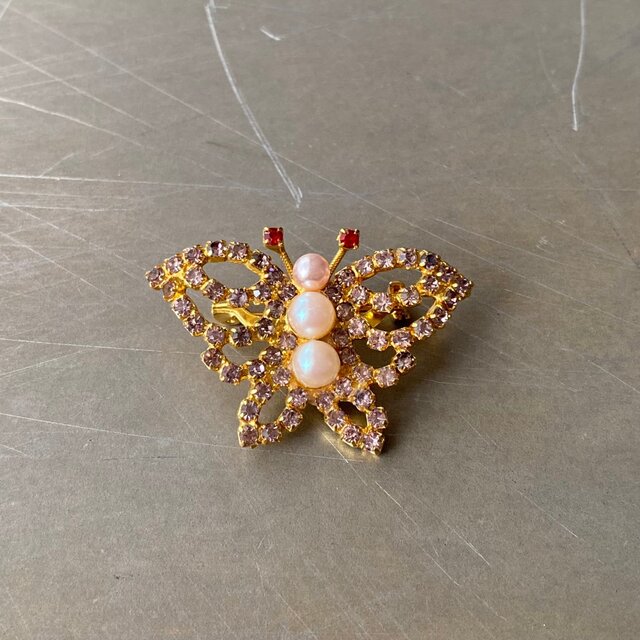 Vintage 80s USA retro bijou×pearl butterfly brooch