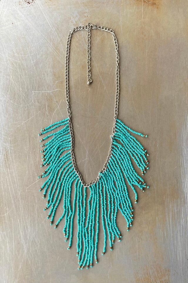 Vintage 90s USA retro turquoise blue beads fringe necklace