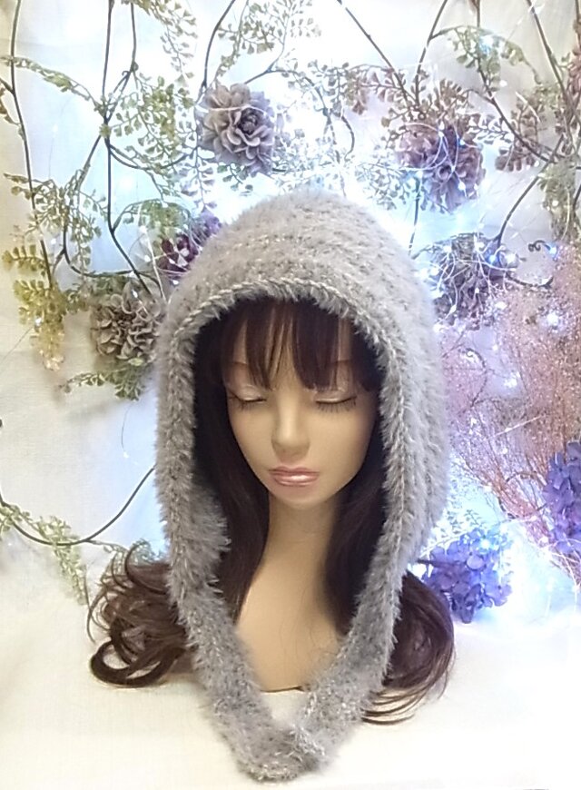 ニット帽 ニットフード バラクラバ　手編みグレー　