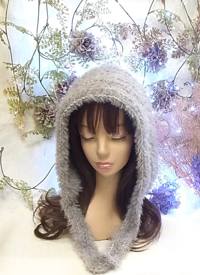 ニット帽 ニットフード バラクラバ 手編みグレー | iichi 日々の暮らし