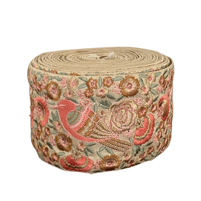 インド刺繍リボン50cm切り売り 小鳥とお花 8.2cm幅 バード ことり フラワー HC R-0805