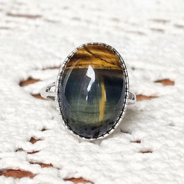 ブルーブラックタイガーアイ　タイガーアイ　虎目石　天然石　指輪　フリーサイズ