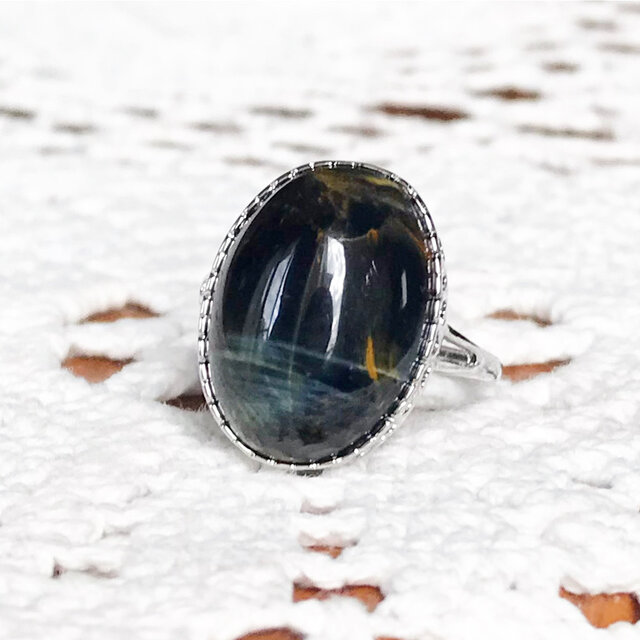ブルーブラックタイガーアイ　タイガーアイ　天然石　虎目石　指輪　フリーサイズ