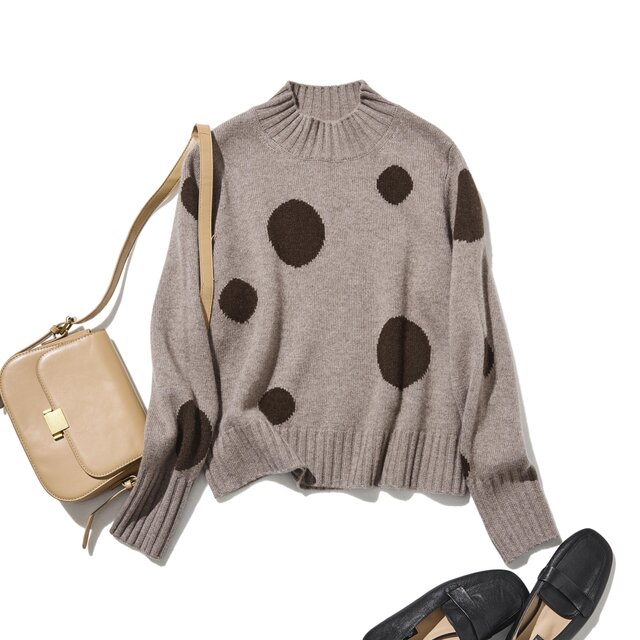 【至高の柔らかさ】ヤクダウン&ウール混紡 ドットニットプルオーバー　セーター　茶色　251132-1